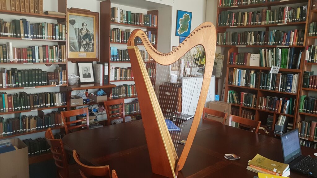 A Celtic harp sitting on the table of the Albert Dryer Memorial Library, Gaelic Club, Sydney
