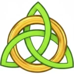 The Gettin' Irish! logo consists of a gold ring (fáinne ór) representing proficiency in the Irish language, interlace with a green trefoil, representing Irish culture and heritage.