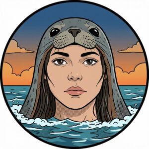 Logo of a 'selkie', a mermaid of Celtic legend, in the ocean wearing a sealskin.
